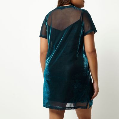 Plus blue metallic mesh T-shirt dress